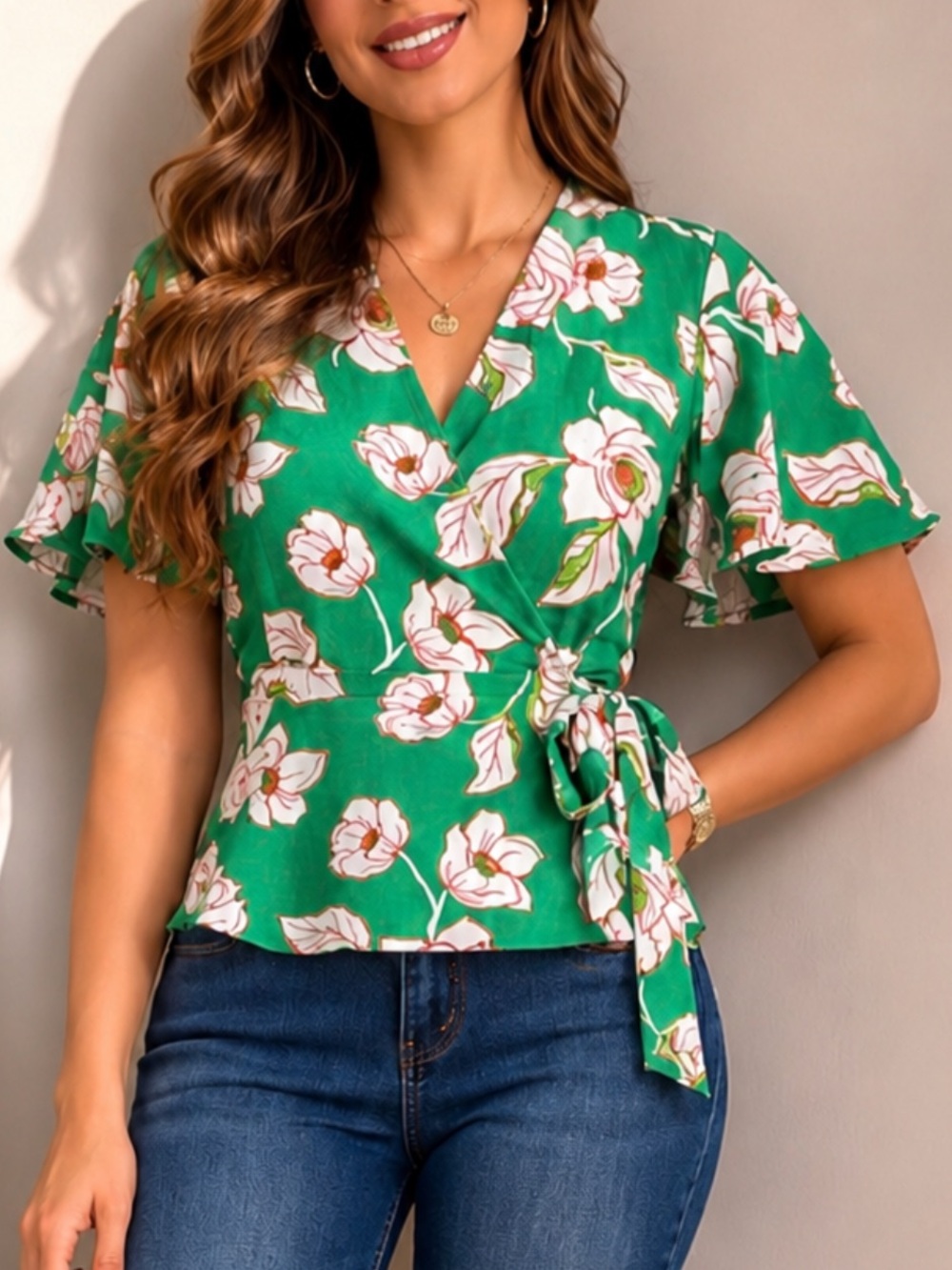 Green Floral Wrap Top with Tie